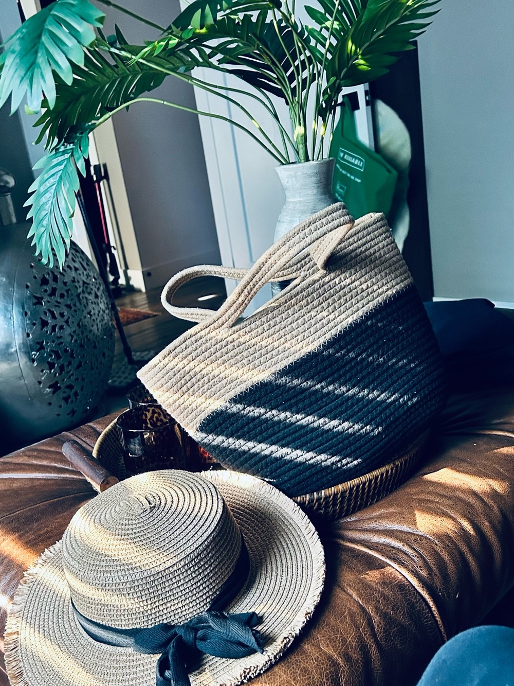 Two-Tone Straw Tote and Matching Straw Hat